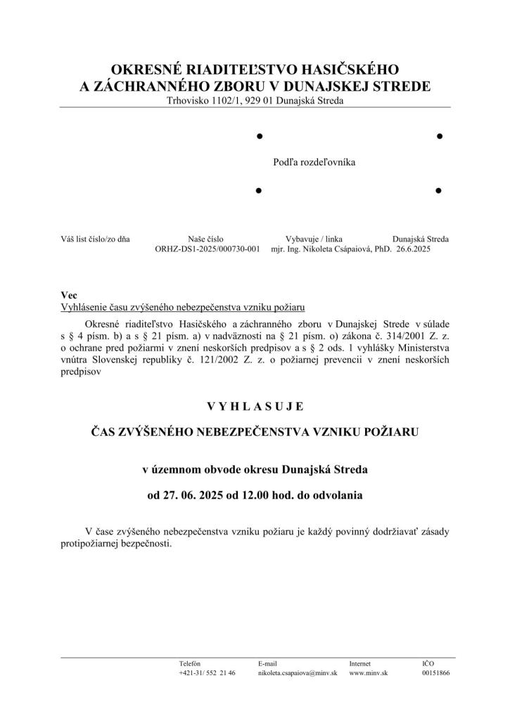 Vyhlásenie času zvýšeného nebezpečenstva vzniku požiaru