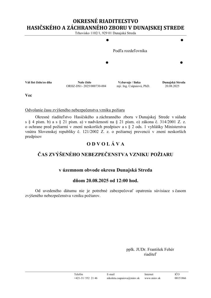 Odvolanie času zvýšeného nebezpečenstva vzniku požiaru dňom 20.8.2025