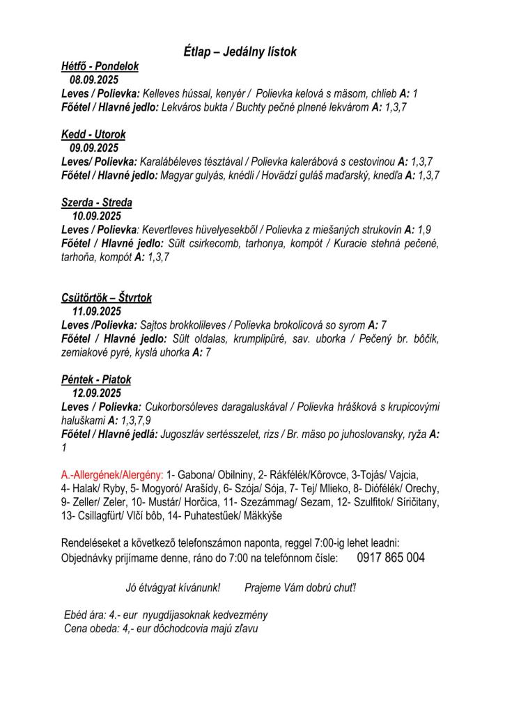 Jedálny lístok 08.09.2025 - 12.09.2025