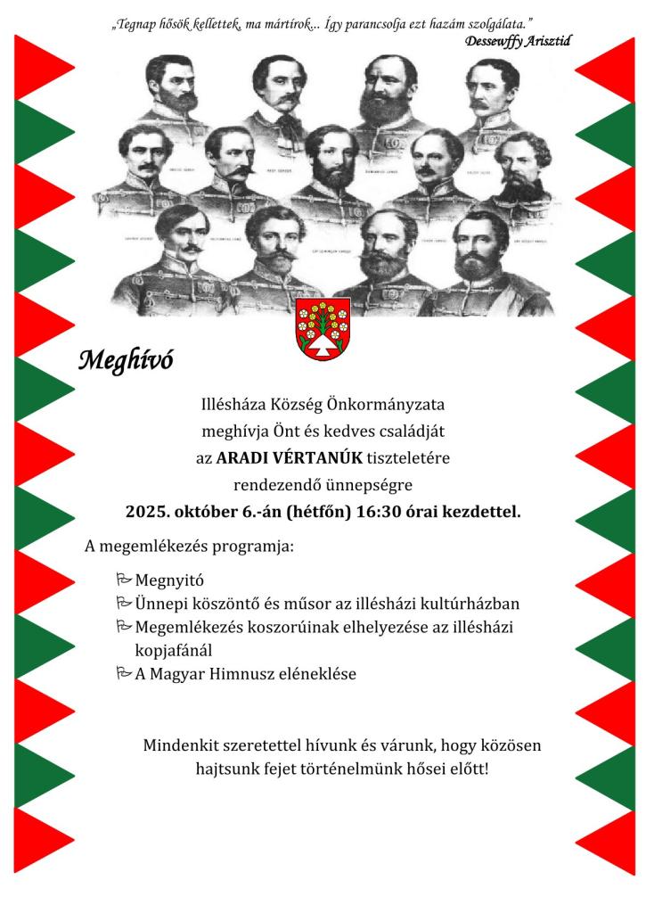 Meghívó 2025. október 6., illésházi kultúrház: ARADI VÉRTANÚK - megemlékezés
