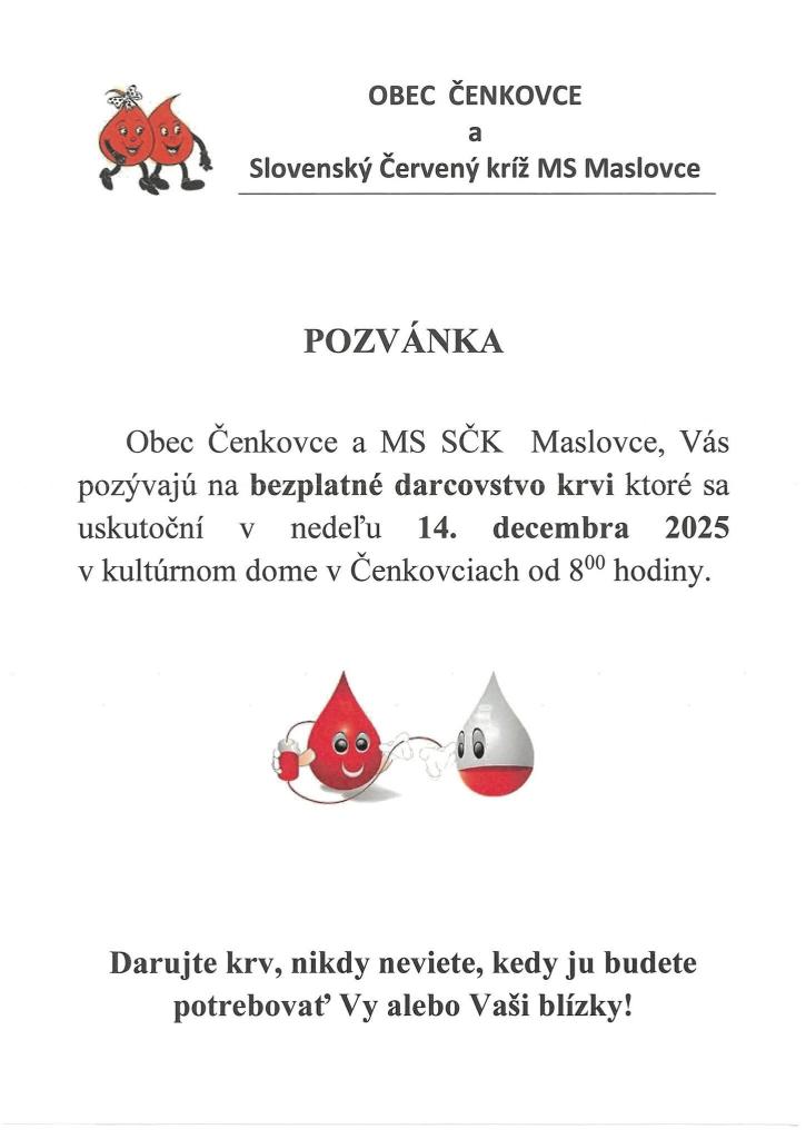 Pozvánka - darcovstvo krvi - Čenkovce