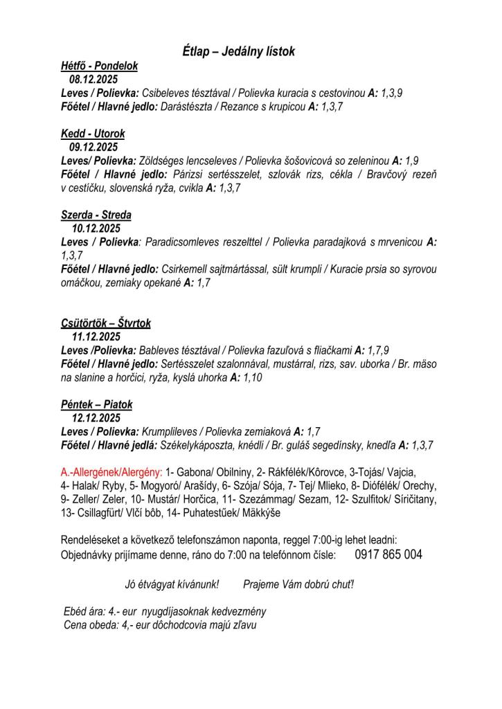 Jedálny lístok 08.12.2025 - 12.12.2025