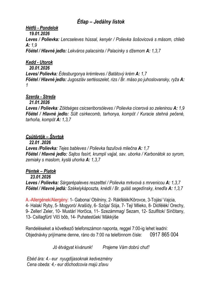 Jedálny lístok 19.01.2026 - 23.01.2026