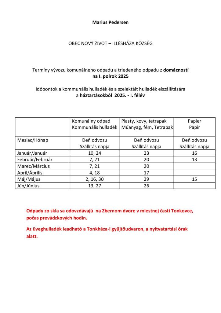 Időpontok a kommunális hulladék és a szelektált hulladék elszállítására  a háztartásokból 2025. - I. félév