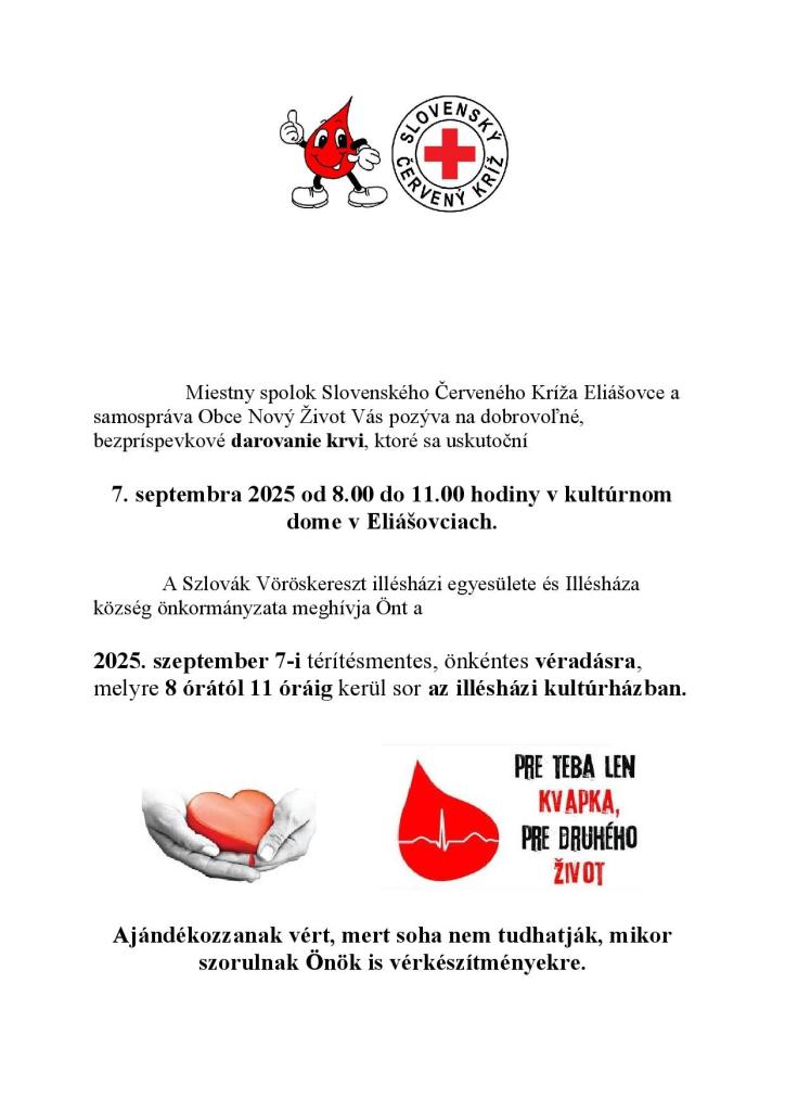 Darovanie krvi - 7.9.2025, Kultúrny dom Eliášovce